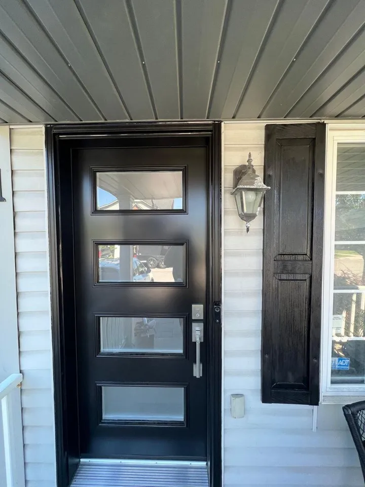 Black modern entry door with glass inserts